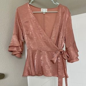 Jun & Ivy pink satin cross over 1/2 sleeve shirt